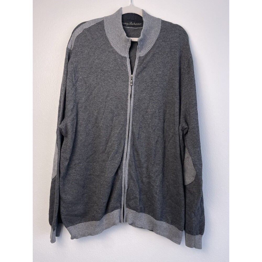 Tommy Bahama Sweater Men XXL Cashmere Cotton Grey Full Zip Golf Elbow Patch